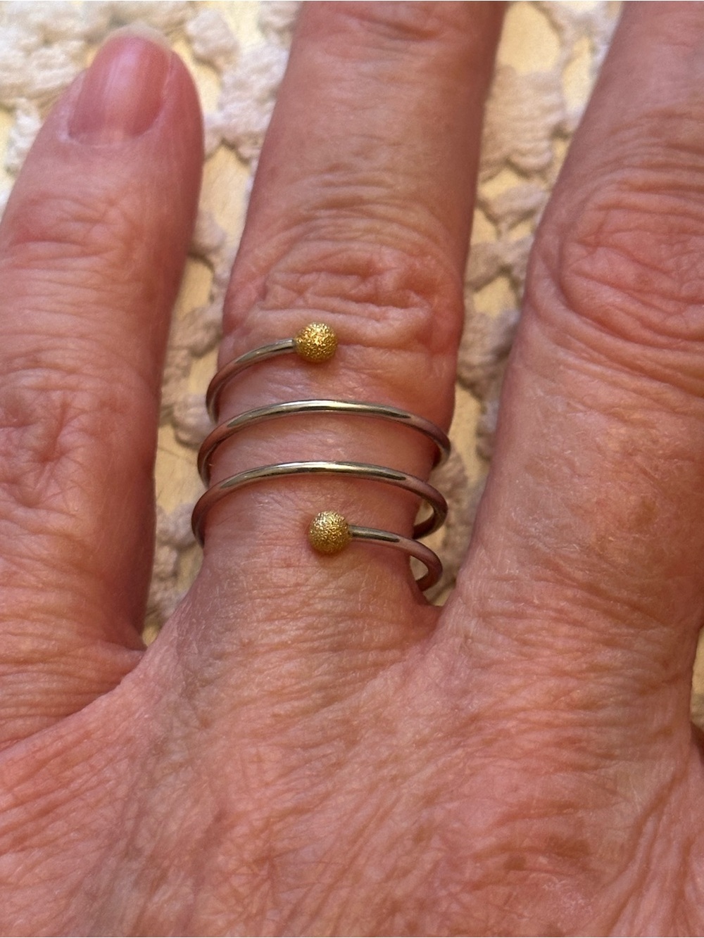 Sterling Silver Spiral Coil and solid 14k gold dust ball Ring